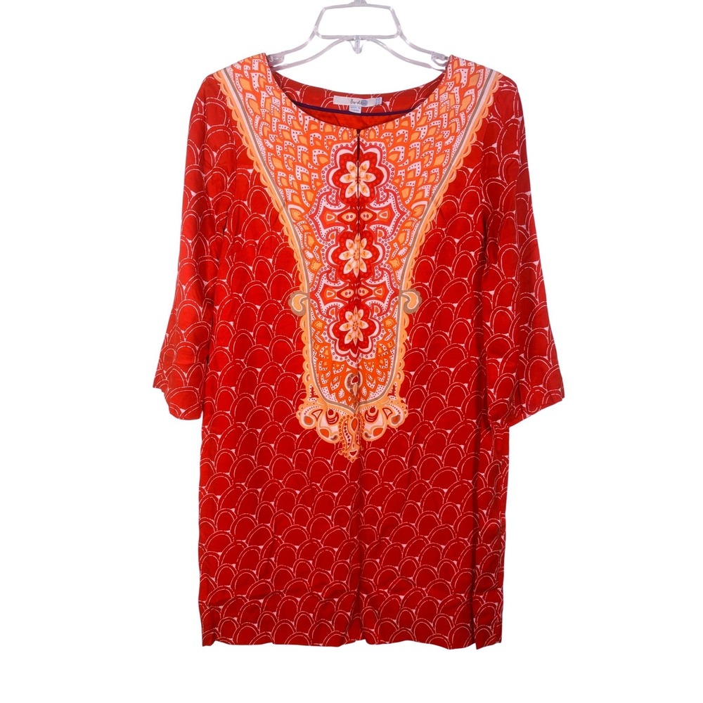 Boden Shift Dress Womens 10 Red Orange Silk Blend Medallion Print Excellent
